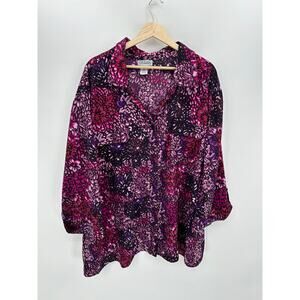 Maggie Barnes Button Down Shirt Women Purple Dark Floral Size 5X Collar Stretch